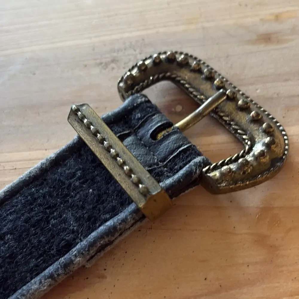 Alden Howard vintage black distressed fabric belt gray trim and buckle